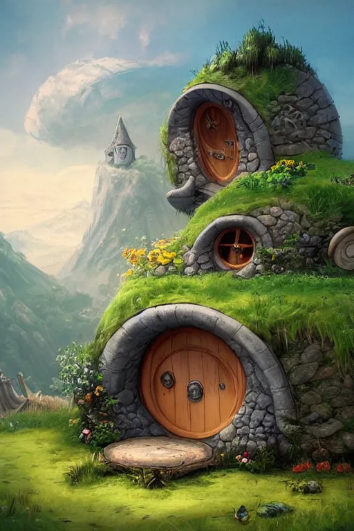 Image similar to beautiful matte painting of a hobbit house with round door and windows under a hill, whimsical by brian kesinger and bridget bate tichenor