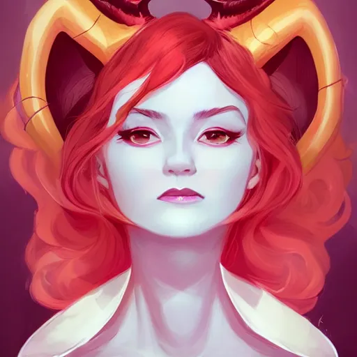 Image similar to a beautiful devil woman with horns by Lois Van Baarle and Sam Yang and Ross Tran and SamDoesArts and RossDraws, symmetrical portrait, trending on ArtStation
