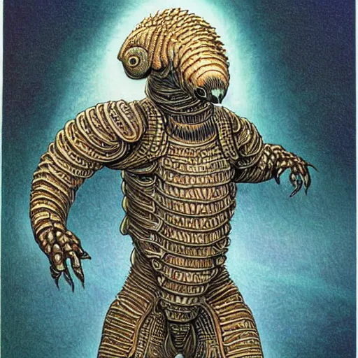 Image similar to a cybernetic pangolin. the pangolin is standing upright. the pangolin is covered in white and gold scales. high quality fantasy science fiction art. painted by larry elmore.