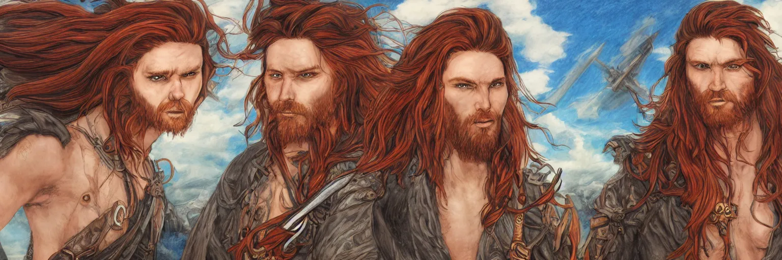 Image similar to colored pencils an epic fantasy comic book style portrait painting of a long haired, red headed male sky - pirate in front of an airship, character sheet, fine details, concept design, contrast, kim jung gi, pixar and da vinci, trending on artstation, 8 k, 3 6 0 head, turnaround, front view, back view, ultra wide angle