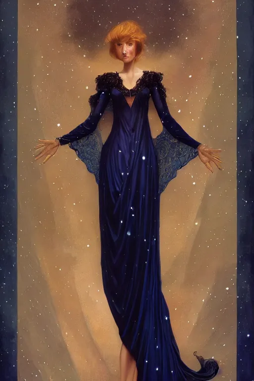 Image similar to Nocturne, glowing, stars, a long-legged elegant evil woman, highly detailed, mysterious, ethereal, dressed in midnight blue velvet, haute couture, illustration, dramatic lighting, soft details, painting, by Edmund Blair Leighton, Brom, Charlie Bowater, trending on artstation, faces by Tom Bagshaw, otto schmidt