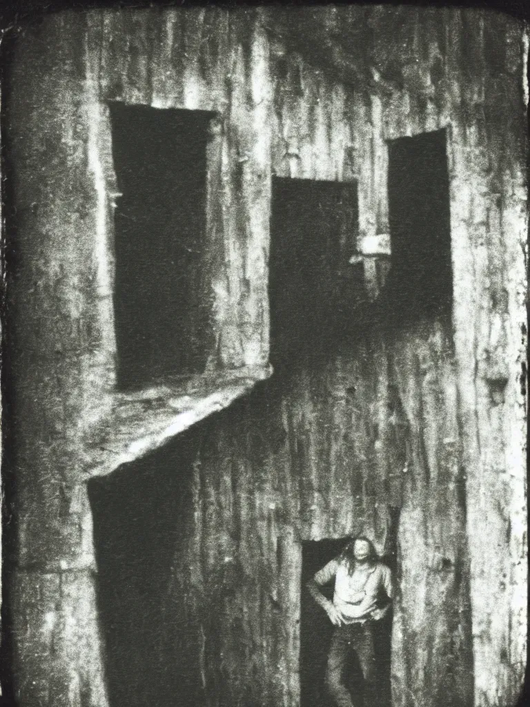 Image similar to still of a vampiric creature hiding in a barn, western film, horror movie, grainy, faded, polaroid, old photo, found footage