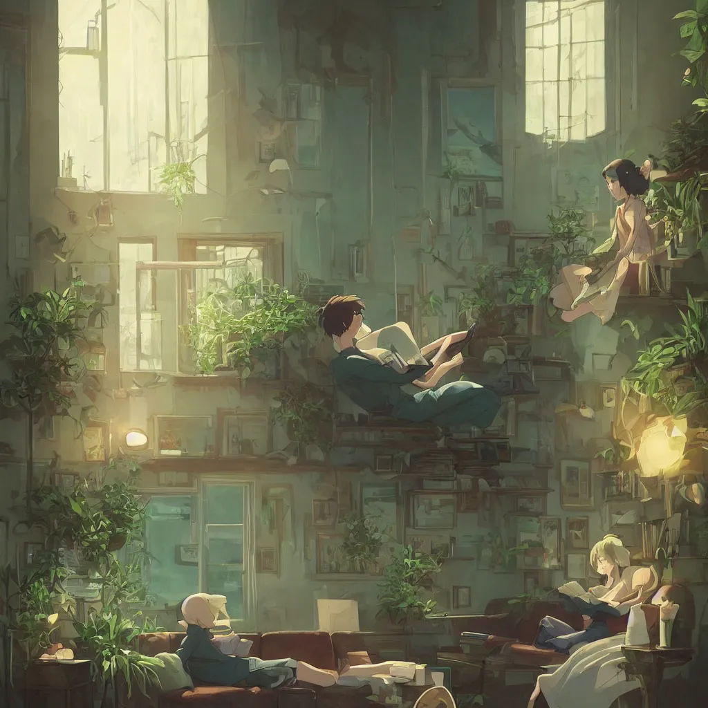 Prompt: beautiful scene render of a person sitting at a sofa, reading a book, dimly lit bedroom, hot cocoa drink, green plants, perfectly shaded, atmospheric lighting, style of makoto shinkai and peter mohrbacher, studio ghibli. artgerm, karol bak, beeple, animation style, 8 k hd, ultra wide angle, hyper detailed