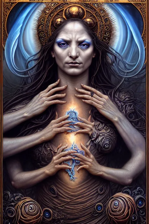 Image similar to A beautiful detailed goddess woman with 6 arms super dark tarot card, by tomasz alen kopera and Justin Gerard, 4 eyes, beautiful symmetrical features, ominous, magical realism, texture, intricate, ornate, royally decorated, melting, whirling smoke, embers, blue adornements, blue torn fabric, radiant colors, fantasy, trending on artstation, volumetric lighting, micro details, 3d sculpture, ray tracing, 8k, anaglyph effect