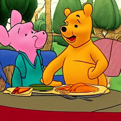 Image similar to Winnie the Pooh invites Tiger and Piglet to dine in a very fancy restaurant.