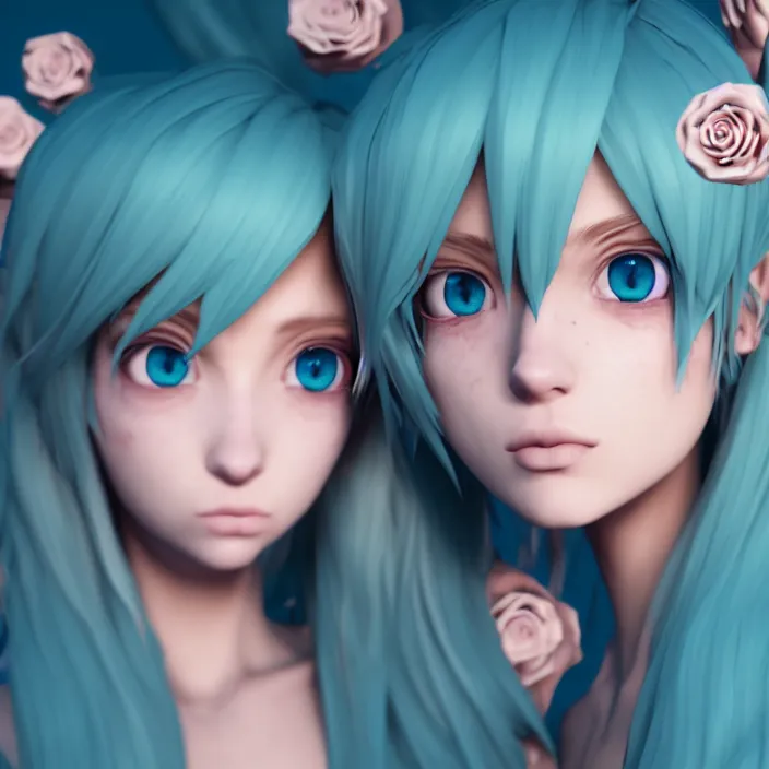 Image similar to coffee blond colored hair, teal pupils, symmetric facial structures, random background, bluish lighting, naturel, birthday, anime, rose suit, unreal engine 5 render, trending on artstation