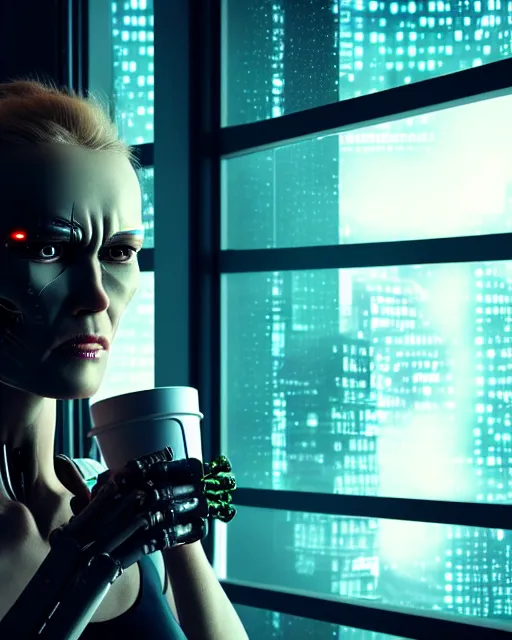 Prompt: a terminator cyborg lady with borg implants and a human face is drinking coffee near a window with dystopian city visible outside. tiny green led lights in her cybernetics. very detailed 8 k. horror cyberpunk style.