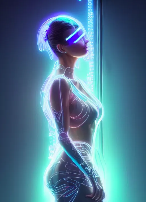 Image similar to portrait of female in transparent fashion wear, intricate, elegant, cyber neon lights, highly detailed, digital photography, artstation, glamor pose, concept art, smooth, sharp focus, art by artgerm and greg rutkowski