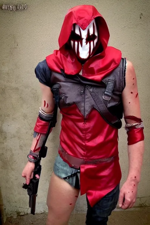 Image similar to red hood cosplay, creepy, disturbing