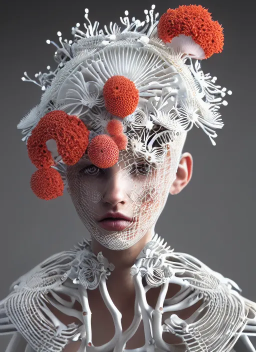 Prompt: beautiful stunning biomechanical woman portrait with a smooth porcelain ivory profile face, futuristic haute couture, iris van herpin, headdress made of daisies, sponge corals, mushrooms, puffballs, white red rhizomorphs, laser cut paper lace collar, cyberpunk metallic brackets, octane highly render, 8 k, epic lighting