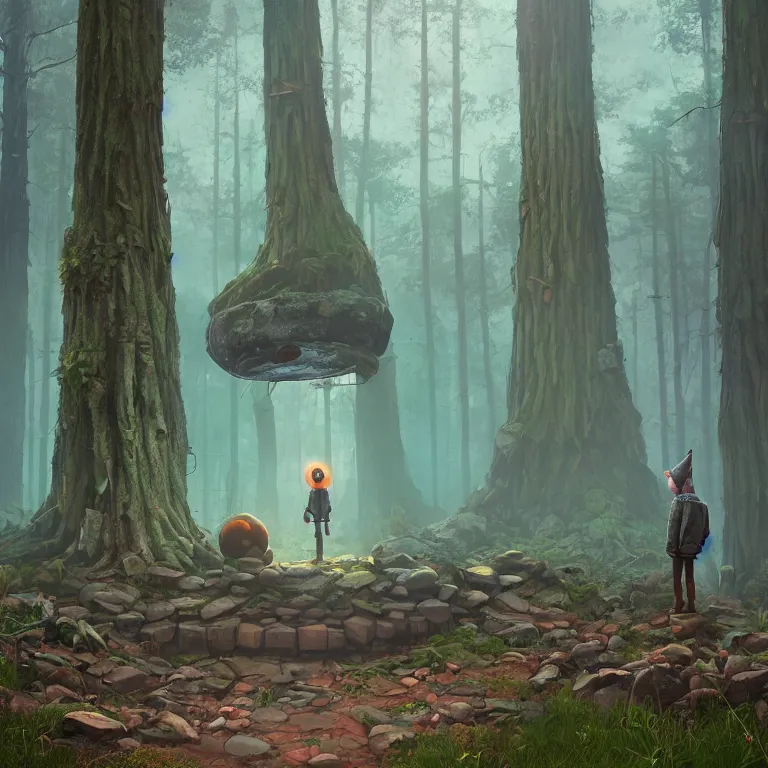 Image similar to a forest gnome standing in front of a circle portal open to another world Detailed digital matte painting in the style of simon stalenhag