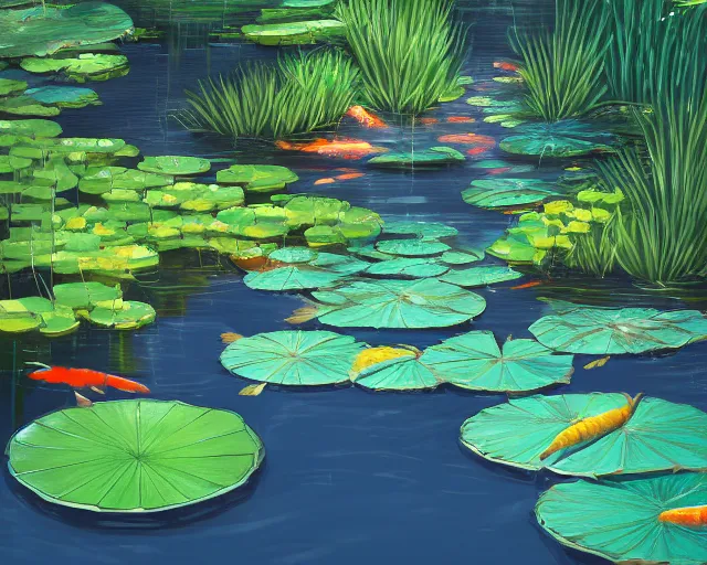 Image similar to koi pond, lotus flowers, dark blue water, green lily pads, goldfish, a fantasy digital painting by makoto shinkai and Alena Aenami, trending on artstation,