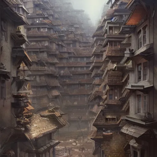 Prompt: buildings had built from stone blocks, with tile roofs, and simple, peaked wooden roofs. the structures were packed closely together, making them seem squat. the tenements and shops were uniform in appearance ; by greg rutkowski, james jean, peter mohrbacher