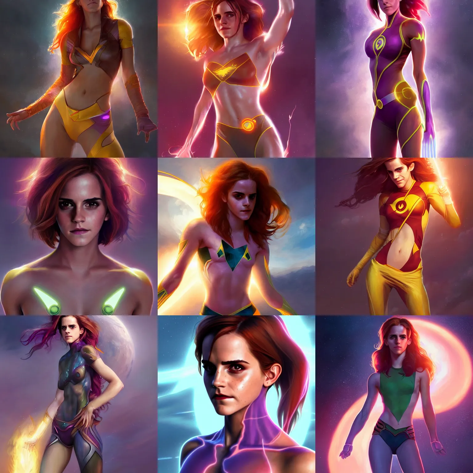 Prompt: emma watson as a starfire, anatomy, bathing in light, highly detailed, digital painting, artstation, concept art, smooth, sharp focus, illustration, unreal engine 5, 8 k, art by art by artgerm and greg rutkowski and edgar maxence