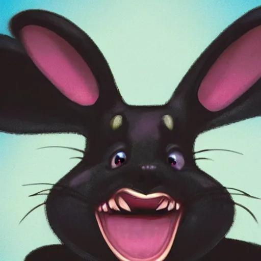 Image similar to A extremely highly detailed majestic hi-res beautiful, highly detailed head and shoulders portrait of a scary terrifying, horrifying, creepy black cartoon rabbit with scary big eyes, earing a shirt laughing, hey buddy, let's be friends, in the style of Walt Disney animation