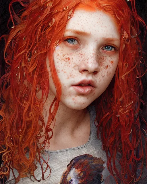 Prompt: portrait of 1 4 - year - old girl with flaming red hair, a lot of freckles, and bright brown eyes, wearing shirt, hyper realistic face, beautiful eyes, fantasy art, in the style of greg rutkowski, intricate, alphonse mucha, hyper detailed, smooth