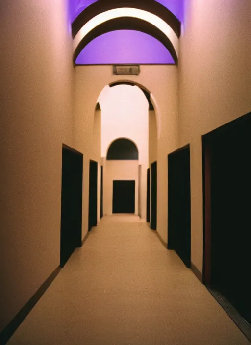 Image similar to a photograph of a minimal hallway with rounded arches lit with soft colorful lighting, 3 5 mm, color film camera, pentax