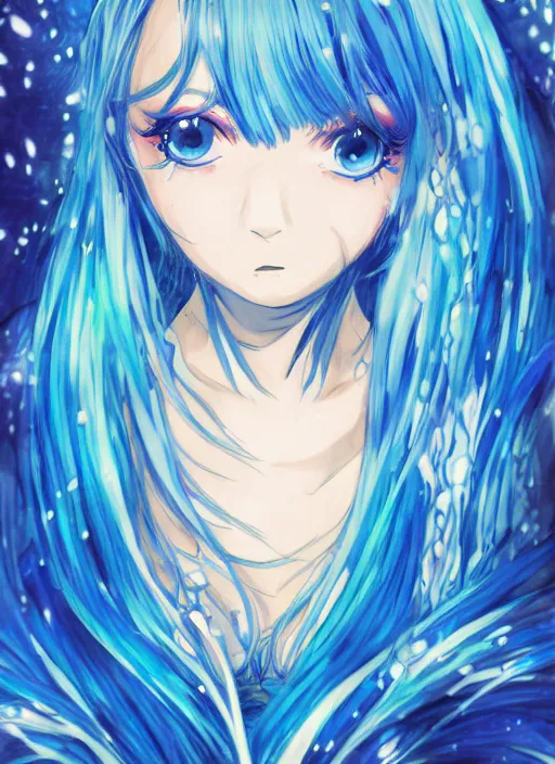 Image similar to a woman with blue hair sitting underwater, a beautiful anime drawing by yuumei, featured on pixiv, rayonism, pixiv, seapunk, very anime anime!! detailed