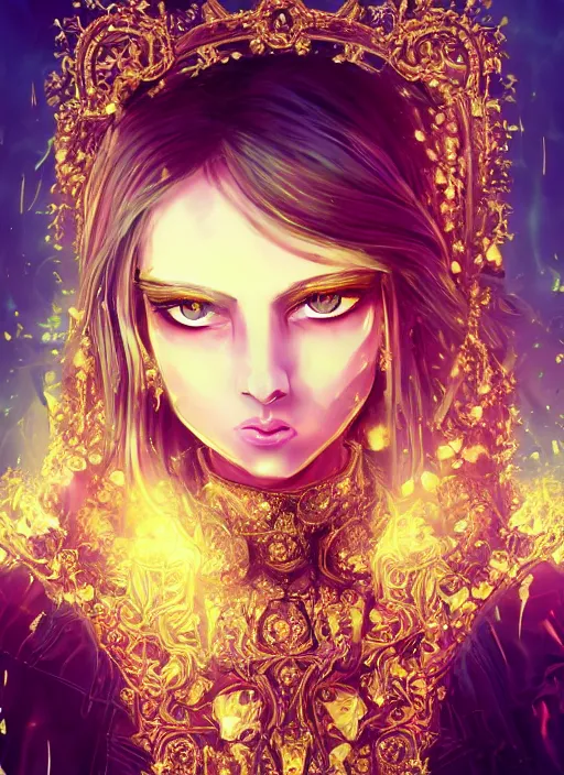 Image similar to baroque bedazzled gothic royalty frames surrounding a pixelsort rimuru tempest smiling, sky blue straight hair, bangs, with amber eyes, yellow golden eyes, wearing a black maximalist spiked jacket, high collar, ultra detailed, concept art, digital painting, pretty, cinematic, wlop artstation, sharpened early computer graphics, remastered chromatic aberration