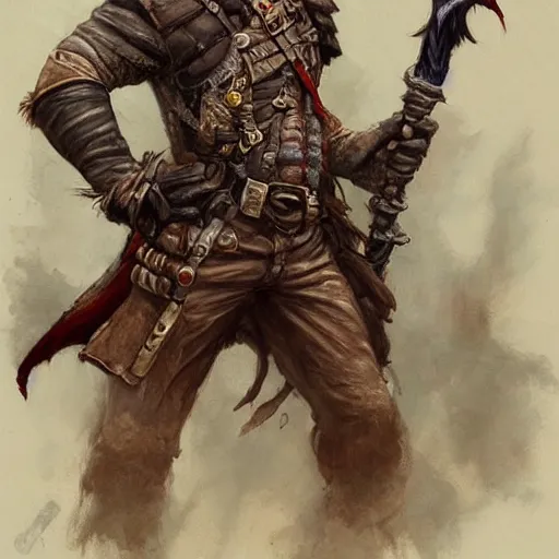 Prompt: Zombie pirate Captain wielding a sandstone rapier and sandstone dagger. Wearing a hat with an impressive feather and with a brutal scar across his neck, fantasy D&D character, portrait art by Donato Giancola and Bayard Wu, digital art, trending on artstation, 4k