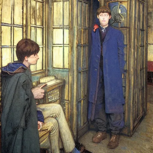 Image similar to harry potter at a tardis console, highly detailed, by jules bastien - lepage