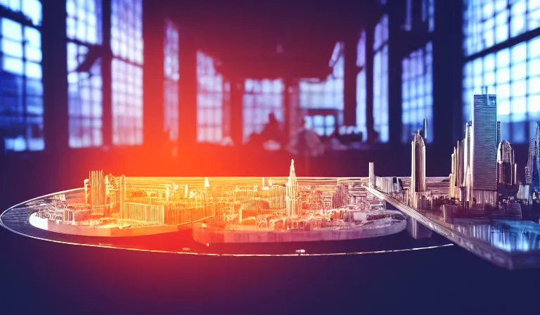 Image similar to group of people in simple warehouse, looking at hologram of futuristic city on a table, cinematic concept art, godrays, golden hour, natural sunlight, 4 k, clear details, tabletop model buildings, center model buildings, hologram center, crane shot, crane shot, crane shot