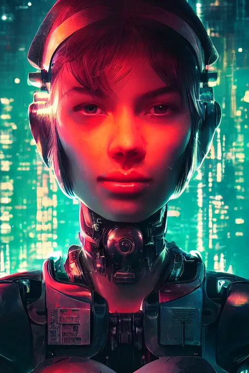 Prompt: beautiful portrait of a heavily armed cyborg mercenary girl, art by wlop, artgerm, liam wong, cyberpunk, neon, intricate details, trending on artstation, sharp focus, caustics, octane render, radiant light, 4 k