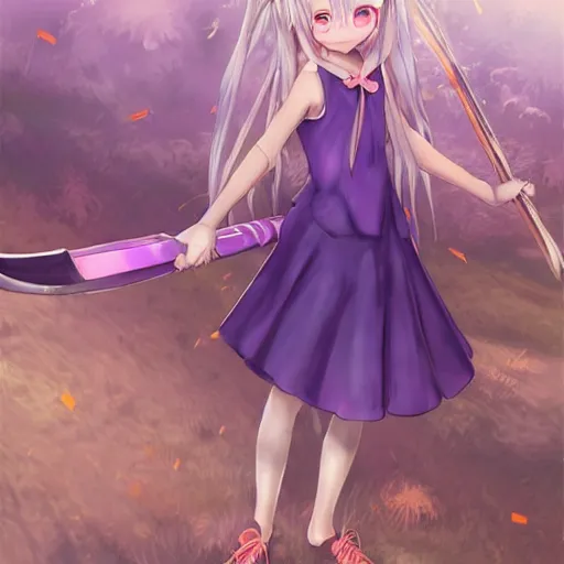 Prompt: advanced digital anime art, WLOP , a small school girl with silver hair wearing a violet dress and bare feet carrying a gigantic axe over the shoulder looking unimpressed , DOF, Gaussian Blur, —W 1920