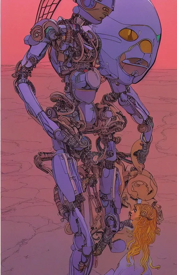 Prompt: Artwork by moebius and chichoni, Beautiful robotic angel