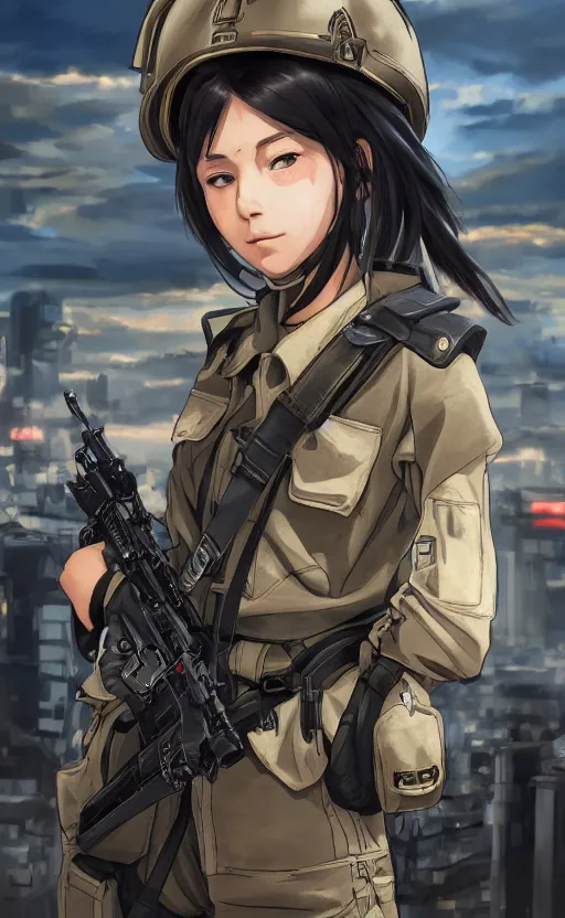 Prompt: front portrait of mechanized soldier girl, anime style, urban in background, soldier clothing, combat helmet, short hair, hair down, symmetrical facial features, from arknights, hyper realistic, 4 k, rule of thirds, extreme detail, detailed drawing, trending artstation, hd, d & d, realistic lighting, by alphonse mucha, greg rutkowski
