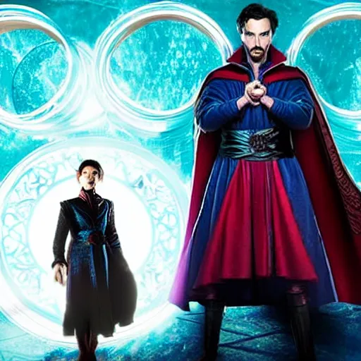 Image similar to Doctor Strange teams up with a mysterious teenage girl from his dreams who can travel across multiverses, to battle multiple threats, including other-universe versions of himself, which threaten to wipe out millions across the multiverse. They seek help from Wanda the Scarlet Witch, Wong and others.