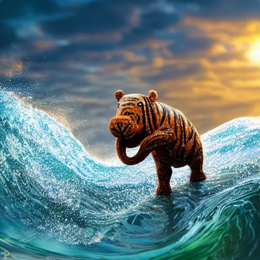 Image similar to a closeup photorealistic photograph of a cute smiling knitted tiger hippopotamus riding an epic wave at sunset. surf in the background. professional capture. brightly lit scene. this 4 k hd image is trending on artstation, featured on behance, well - rendered, extra crisp, features intricate detail, epic composition and the style of unreal engine.