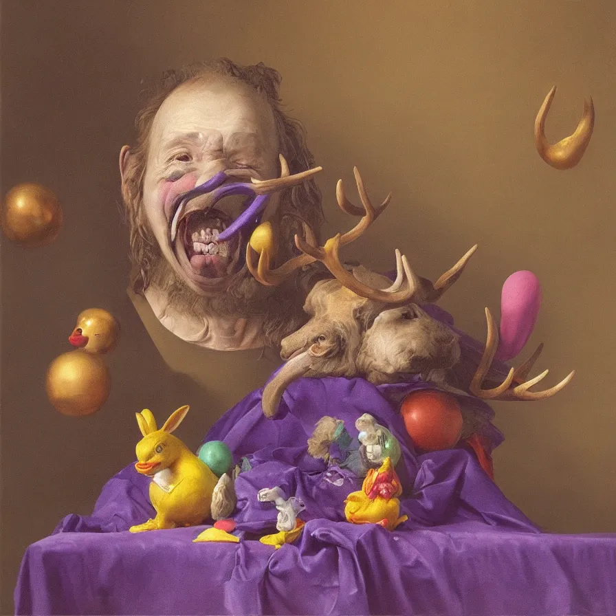 Image similar to rare hyper realistic portrait painting by dutch masters, studio lighting, brightly lit purple room, a blue rubber ducky with antlers laughing at a giant crying rabbit with a clown mask