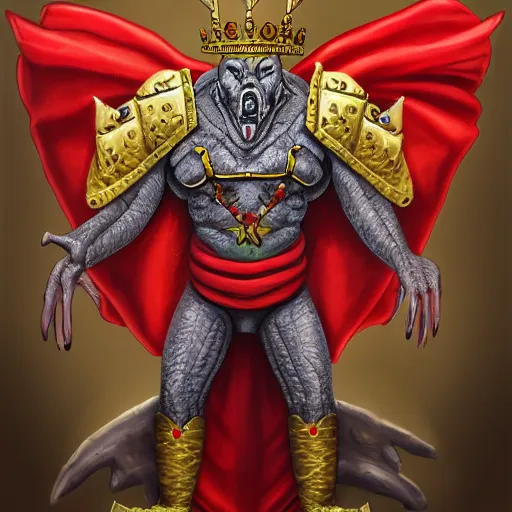 Image similar to painting of a large anthropomorphic crocodile with one of its eyes bloodshot wearing a crown, a red cape and a large golden chestplate over its stomach, trending on artstation