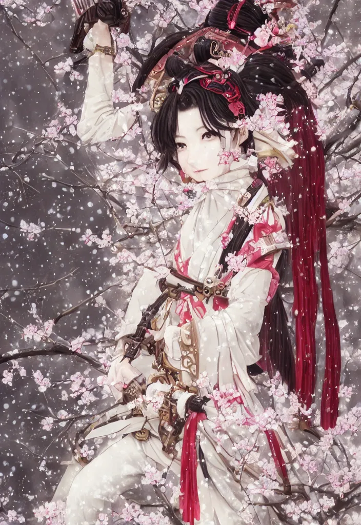 Prompt: detailed portrait of steampunk girl samurai with tachi and cross bow combat pose in snow forest sakura cherry blossom swan hakama kimono trending on artstation elite, elegant, luxury, by krenz cushart junji ito, perfect face, fine details, realistic shaded, fine - face, pretty face
