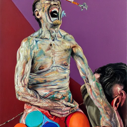 Prompt: high quality high detail painting of a man laughing by lucian freud and jenny saville and francis bacon, hd, anxiety, turquoise and orange and purple and pink and red