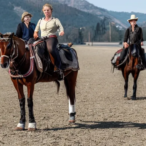 Image similar to Western, people on horses with wheels instead of legs