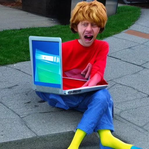 Image similar to shaggy from scooby doo with mismatching socks laptop and laughing