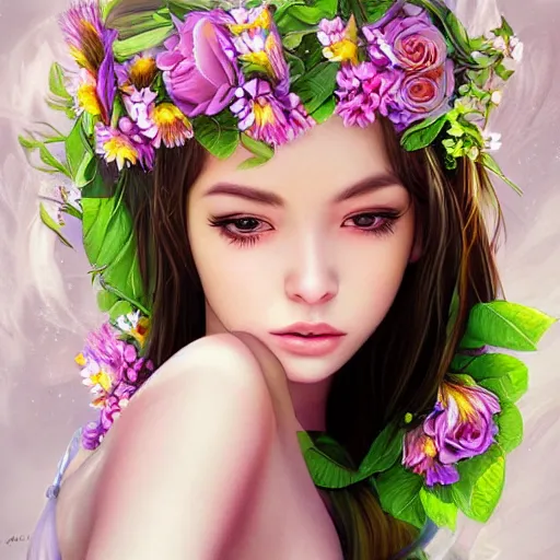 Prompt: a gorgeous flower princess portrait by artgerm , ultra realistic, mystical, detailed flowers, SSS , vibrant colours, cgsociety