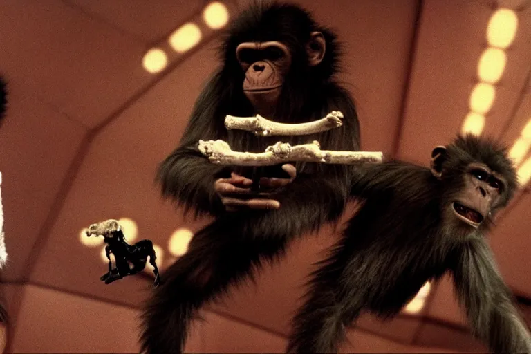 Prompt: scene from Stanley Kubrick\'s 2001: A Space Odyssey, ziggy stardust hitting a chimpanzee with a bone club, amazing cinematography