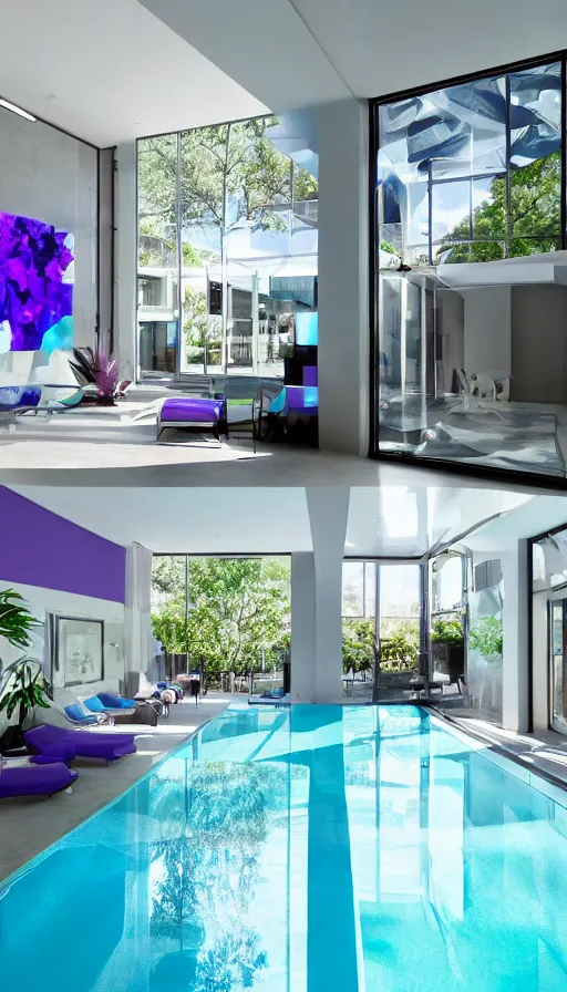 Image similar to A sunlit indoor lounge area with a pool with clear water and another pool with translucent purple water, next to a big window, 3D art