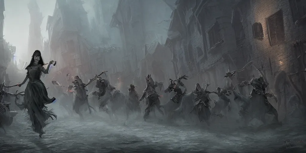 Image similar to cinematic, concept art, high fantasy matte painting, of a female bard and her adventuring party being chased through a medieval town by an angry crowd, foggy, depth of field, 8k, 35mm film grain, unreal engine 5 render dramatic, intricate, elegant, highly detailed, digital painting, artstation, concept art, smooth, sharp focus, illustration, octane render, art by Leesha Hannigan, Ross Tran, Thierry Doizon, Kai Carpenter, Ignacio Fernández Ríos