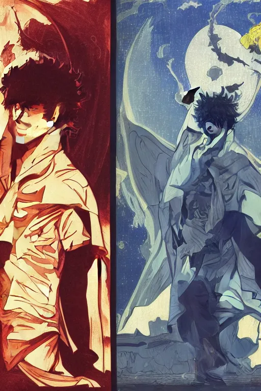 Image similar to concept art, silhouette of Spike Spiegel from Cowboy Bebop in front of the moon Ganymede in the style of Alphonse Mucha and Hiroya Oku, 8k, high detail, octane render