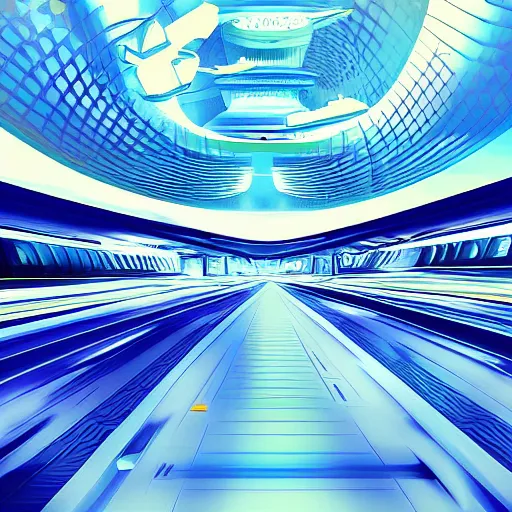 Prompt: digital art piece of a futuristic singapore, spaceships, high speed trains, blue glow