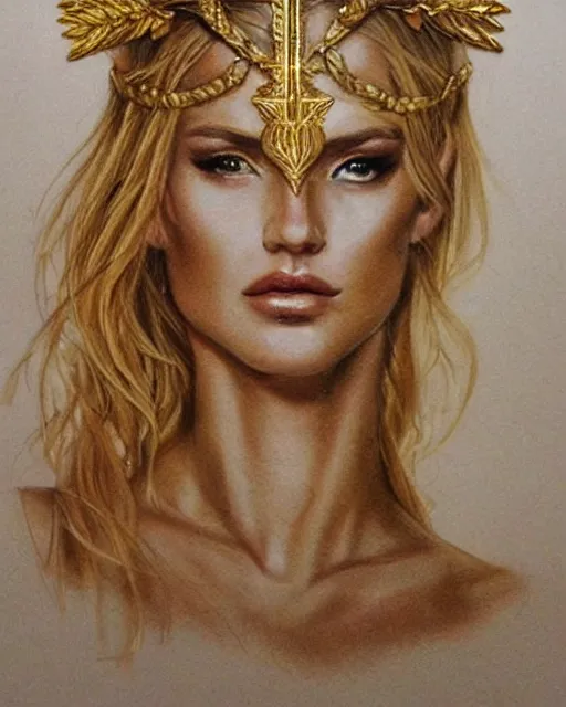 Image similar to tattoo sketch of hot blonde super model as aphrodite greek goddess wearing a gold laurel wreath and triangle earrings, beautiful piercing gaze with sharp pupils, in the style of greg rutkowski, fantasy, amazing detail, epic, elegant, smooth, sharp focus, front view