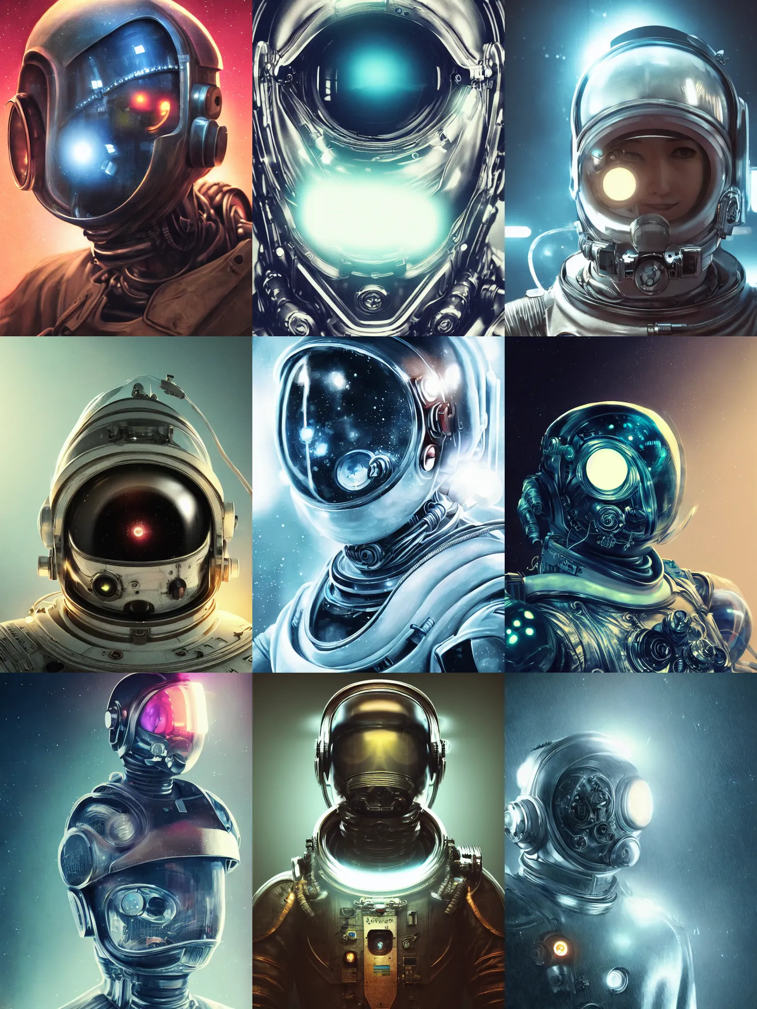 Prompt: portrait art of 8 k ultra realistic retro futuristic astronaut helmet, lens flare, atmosphere, glow, detailed, intricate, blade runner, cybernetic, full of colour, cinematic lighting, trending on artstation, 4 k, hyperrealistic, focused, extreme details, unreal engine 5, cinematic, masterpiece, art by ayami kojima, giger