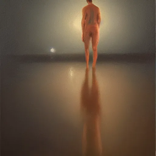 Prompt: man floating in the dark, oil painting, pale colors, high detail, 8 k, wide angle, trending on artstation,