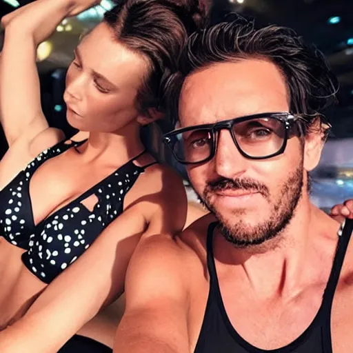 Image similar to photo of a 4 0 year old man that looks young for his age dating a very attractive 2 2 year old woman wearing a bikini. they are at a nightclub.