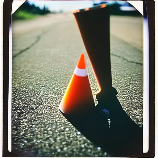 Image similar to polaroid photo of cone with human legs, bokeh