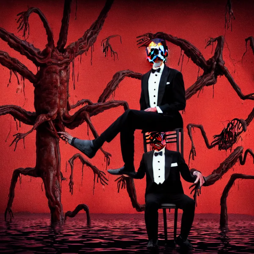 Image similar to a portrait of ( a man in a tuxedo with five heads, twelve arms, and sixteen legs ), sitting on ( chair made of human limbs ), ( the chair is floating in a lake of blood ), ( in the lake is a giant melting tree ), digital art, hyperrealistic nightmare scene, supernatural, highly detailed, creepy, terrifying